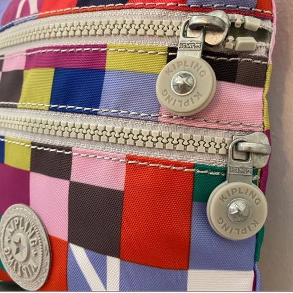Kipling Rainbow Color Checkerboard 3 Zipper Pouch Nylon Crossbody Shoulder Bag . - Picture 2 of 10